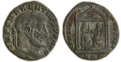 Ancient Coins Roman Imperial. Maxentius (307-312). AE Follis, struck 309-310. Aquileia, 1st Officina, 4th Emission. Laureate head right, rev. Roma, holding spear, seated left on shield in tetrastyle t