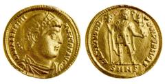 Ancient Coins Roman Imperial. Valentinian I (364-375). AV Solidus. Nicomedia, 6th officina. 4.2 gms. Pearl and rosette diademed, draped and cuirassed bust right, rev. The emperor standing facing, head
