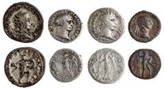 Ancient Coins Roman Imperial. Quartet of AR issues. Denarii of Trajan (2). Victory reverses; and Hadrian, Mars reverse; and Antoninianus of Hostilian, Mars reverse. Fine-VF. (4).