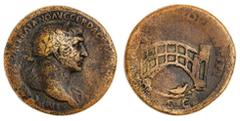 ANCIENT COINS Roman Imperial. Trajan (98-117). AE Sestertius. Rome mint, 107-109. 24.1 gms. Laureate head right, slight drapery, rev. Arched, single-span bridge across the Danube, boat in river below.