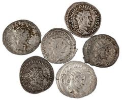 ANCIENT COINS Roman Third Century Antoniniani. Includes: Philip I (Rv. Salus standing left), Philip II (Philip standing left with globe and spear), Herennius Etruscus (Herennius standing left), Trebon