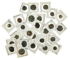 ANCIENT COINS Roman Imperial. Lot of Late Third-Fourth Century AEs. Generally small to medium size. Various rulers and types, with a good number of Constantinian Era issues. Fine-Near EF. (30).