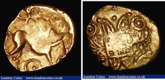 Ancient Coins Celtic Gold Quarter Stater Iceni, Irstead type, Obverse: Latticed square design, Reverse: Horse right, Trefoil above, S.430, 1.01 grammes, About Fine