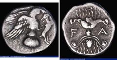 Ancient Coins Ancient Greece Olympia - Elis, Silver Drachm (244-208BC) 134th to 143rd Olympiad, Obverse: Eagle flying right, tearing at hare with talons, Reverse: Thunderbolt, with flames and pomegran