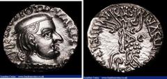 Ancient Coins Indo Sakas in Western India, (242-243AD) Antike silver Drachm, Obverse: Bust of Isvaradatta right, with corrupted Greek legend, in Indo-Greek style, Reverse: Three-arched hill or Chaitya