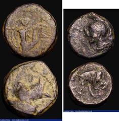 Ancient Coins Ancient Greece - Salamis, Cyprus (2) Ae12, Evagoras II (c.350-300BC) Obverse: Helmeted head of Athena left, Reverse: Forepart of Bull left, Sear 5828, BMC 75, 2.04 grammes, Fine, Ae12, E