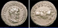 Ancient Coins Pupienus. Ar antoninianus. C, 238 AD. Rev; PATRES SENATVS; clasped right hands. RIC 11b. Grainy surfaces. 5.77g. NVF