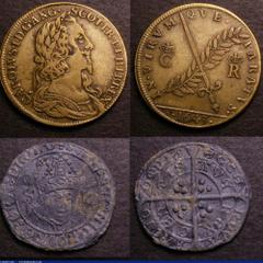 Medals Peace or War 1643 28mm diameter in brass (?) Eimer 142 by T.Rawlins Obverse bust right. Laureate, armoured and draped, Reverse a sword and olive branch crossed between the letters CR crowned IN