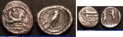 Ancient Coins Phoenicia (2) Silver One Twelfth Shekel, Tyre (c.400-360BC) Obverse Melqarth riding on Hippocamp., dolphin below, Reverse Owl Standing, head facing , cable border Sear 5913 Fine, One Eig
