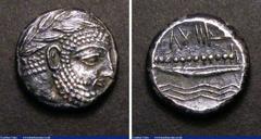Ancient Coins Phoenicia Silver Stater (c.400-350BC) Sidon, Arados Obverse Bearded Head of deity right, Reverse galley on three lines of waves with lettering above, Sear 5971 VF toned