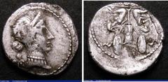 Ancient Coins Roman Denarius Julius Caesar (46-45 BC), Lifetime issues Sear 357 Obverse Diademed Head of Venus, right with small Cupid at shoulder, Reverse Gaulish Captives seated at foot of trophy, F