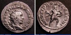 Ancient Coins Ar Antoninianus Hostilian Caesar, Rome 251, rev. Mars advancing r. holding spear and shield (RCV 9556) GVF and scarce
