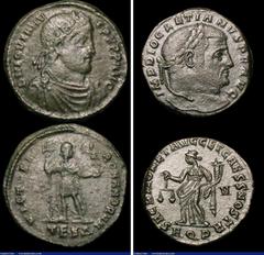 Ancient Coins Bil. Follis Diocletian, mint of Aquileia (302-5) Rev Moneta (RCV 12820) GVF with a Bil. Maiorina of Jovian, mint of Thessalonika (363), Rev Emperor holding Labarum and crowned by Victory