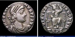 Ancient Coins Ar Siliqua. Gratian. C, 367-383 AD. Rev; VIRTVS ROMANORVM, Roma seated facing on throne, head left, holding globe and reversed spear, TRPS in ex. RIC 58a. Cabinet tone. 1.68g. NVF.