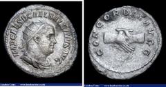 Ancient Coins Ar antoninianus. Balbinus. C, 69-70 AD Rome. Rev; CONCORDIA AVGG; clasped right hands. RIC IV 10. Frosty surfaces. 3.57g. G Fine