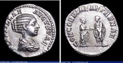 Ancient Coins Plautilla. Ar Denarius. Rome, C, 202 AD. Rev; CONCORDIAE AETERNAE; Plautilla and Caracalla standing facing, clasping hands. RIC 361. Good metal and detail. 3.18g. VF