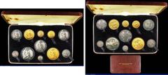 English Cased Victoria 1887 Golden Jubilee Currency Set (11 Coins) Gold Five Pounds to Threepence, Five Pounds VF, Two Pounds Fine, ex-jewellery, Sovereign NEF, Half Sovereign GVF/NEF, Crown GF, Doubl