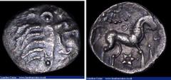 Ancient Coins Celtic Ar Unit Iceni uninscribed Bury type c.50-0BC Head l. with long hair, Rev horse r. Sun and annulet above, rosette of 5 pellets below, (S.431) GF Rev better, Very rare, Ex M.Rich co