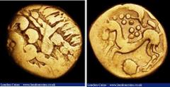 Ancient Coins Celtic Au Quarter Stater Ambiani Gallo-Belgic A c.150-50BC, devolved Apollo hd. l., Rev horse and rider l. (S.7) NF Rev better, Ex-M.Rich coll. DNW 7/12/11 Lot 10, CNG October 1994 $365,