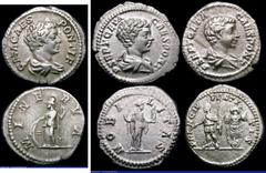 Ancient Coins Roman Ar Denarius (3) Geta (200-202AD) Obverse: Draped bust right P SEPT GETA CAES PONT, Reverse: Geta in Military dress, standing left with baton and sceptre, trophy behind, PRINC IVVEN
