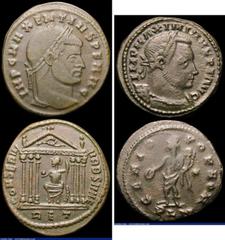 Ancient Coins Roman (2) Follis Maxentius (306-312AD) Obverse: Bust right, laureate IMP C MAXENTIVS PF AVG, Reverse Roma looking left in hexastyle temple with knobs as acroteria, holding globe and spea