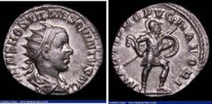 Ancient Coins Roman Antonianus Hostilian (251AD) Obverse: Bust right, radiate and draped, [C VA] LENS HOSTIL MES QVINTVS N C, Reverse: Mars advancing right holding spear and shield, MARTI PROPVGNATORI