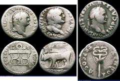 Ancient Coins Roman Denarii (3) Vespasian (69-79AD) Obverse: Bust right, VESPASIANVS AVG IMP CAESAR Reverse : Winged Caduceus TR P COS V PON MAX RIC 75, 3.07 grammes, Near Fine. Denarius Titus, Rome M