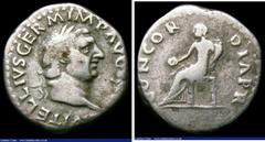 Ancient Coins Roman Denarius Vitellius (69AD) Obverse: Bust right, laureate, A VITELLIVS GERM IMP TR P, Reverse: Concordia seated left, holding patera and cornucopia RIC 90, 2.88 grammes, About Fine