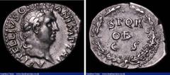 Ancient Coins Roman Denarius Vitellius (69AD) Obverse: Bust right, laureate, A VITELLIVS GERM IMP TR P, Reverse: SPQR OB CS within wreath, 3.48 grammes, RIC 83, pleasing VF on an irregularly shaped fl