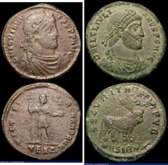 Ancient Coins Bi. Double Majorinae (2) Julian II, Sirmium (362-363) Rev.Bull, two stars above (RCV 19152) VF with slight adherence rev. : Jovian, Thessalonika (363), Rev. Jovian holding standard and V
