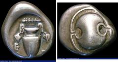 Ancient Coins Greek Ar. Stater Thebes, Boeotia, (c.379-338BC). Boeotian shield, Rev. Amphora, club above, letters beside VF and toned on a chunky flan