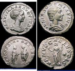 Ancient Coins Roman Denarii (2) Plautilla (198-211AD) Obverse: Bust right, draped PLAVTILLAE AVGVSTA, Reverse: Plautilla and Caracalla clasping hands. 3.42 grammes, RSC 10, RIC 361, NVF. Julia Soaemia