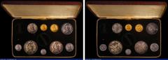 English Cased 1887 Victoria Golden Jubilee Gold and Silver Currency Set (9 coins) Sovereign and Half Sovereign along with Crown, Double Florin (Arabic 1), Halfcrown, Florin, Shilling Sixpence and Thre
