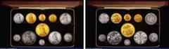 English Cased 1887 Golden Jubilee Currency Set Victoria Jubilee Head (11 Coins) comprising Gold Five Pounds 1887 GEF and lustrous with a heavier contact mark in the reverse field, Two Pounds 1887 GEF 