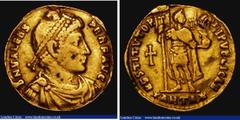 Ancient Coins Gold Solidus Valens, Antioch Obverse: Cuirassed Bust right, pearl diademed and draped DN VALENS PERF AVG, Reverse: Emperor standing front, looking right, hold standard with cross on the 