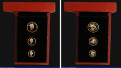 World Cased St. Helena 2016 200th Anniversary of the End of the Guinea Era a 3-coin set all struck in Gold comprising Guinea (1.05 Pounds) 2016, Fifty Pence 2016 and Twenty Pence 2016 the reverses a m