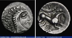 Ancient Coins Celtic - The Iceni Silver Unit (AD61) Boudicca type, Obverse: Celticized head right, Reverse: Celticized Horse right, wheel above, lozenge below, 1.24 grammes, Van Arsdell 790, S.434 Goo