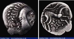 Ancient Coins Celtic - Iceni Silver Unit C.10-43AD Obverse: Head right, wreath behind, Reverse: Horse, right with triangular shape within pelleted arc above, lozenge-shaped box below S.434 Fine on an 