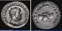 Ancient Coins Roman Ar Antoninianus Balbinus Obverse: Bust right, radiate, draped and cuirassed, IMP CAES D CAEL BALBINVS AVG, Reverse: clasped hands PIETAS MVTVA AVGG, 21mm diameter, 5.12 grammes, RI