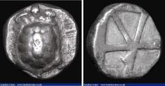 Ancient Coins Ancient Greece - Aigina Silver Stater (445-451BC) Obverse: Sea-Turtle with segmented shell, Reverse 'skew' pattern incuse square, 18mm diameter, 12.56 grammes, Good Fine, always a sought
