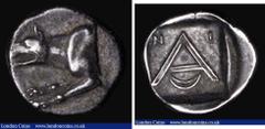 Ancient Coins Ancient Greece - Argolis, Argos Silver Triobol (c.330-270BC) Obverse: Forepart of wolf left, Reverse: Large A, N-I across upper field, with crescent below, all within shallow incuse squa