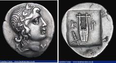 Ancient Coins Ancient Greece - Lycia , Silver Hemidrachm (c.30-27BC), Kragos Mint, Obverse: Head of Apollo right, Reverse: Lyre within incuse square, K P on either side, with grain ear in field, 16mm 