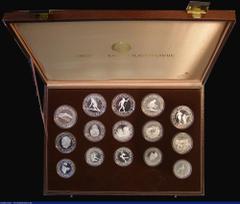 World Cased Yugoslavia Proof Set mixed dates 1982-1984 Sarajevo Winter Olympics a 15-coin set in Silver comprising 500 Dinara (5) 1982 Downhill Skiing KM#92 Silver Proof, 1983 Ski-Jumping KM#102 Silve