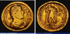 Ancient Coins Ancient Rome Gold Solidus Valens, Constantinople (367AD) Obverse: Bust right pearl-diademed, draped and cuirassed DN VALENS PF AVG, Reverse: Valens standing right with standard and Victo