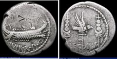 Ancient Coins Ancient Rome Legionary Denarius Marc Antony (c.32-31BC) Obverse: Praetorian Galley right ANT AVG III VIR R P C , Reverse: Legionary eagle between two standards LEG XIV, RSC 44, 3.22 gram