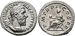RÖMISCHE KAISERZEIT Macrinus (217-218) (D) Denarius (3,32 g), Roma, 3. Emission, Anfang März-Anfang/Mitte Juni 218 n. Chr. Av.: IMP C M OPEL SEV - MACRINVS AVG, Büste mit Lorbeerkranz und Kürass n.r. 