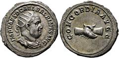 RÖMISCHE KAISERZEIT Balbinus (238) (D) AR-Antoninianus (4,50 g), Roma, Jänner/Februar-Mai 238 n. Chr. Av.: IMP CAES D CAEL BALBINVS AVG, Büste mit Strahlenkrone, Drapierung und Kürass n.r. Rv.: CONCOR