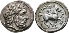 GRIECHISCHE MÜNZEN MACEDONIA. Kφnige von Makedonien. Philippos II. (359-336). Tetradrachme (14,44 g), Amphipolis, posthum, ca. 323/322-316/315 v. Chr. Kopf des Zeus mit Lorbeerkranz / Reiter mit Palmz