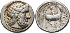 KELTISCHE MÜNZEN OSTKELTEN. Imitationen griechischer Münzen. Tetradrachme (14,00 g), Typus "Frühe Philippos II.-Imitation". Av.: Stilisierter Kopf des Zeus mit Lorbeerkranz n.r. Rv.: ΦIΛIΠΠ-OY, stilis