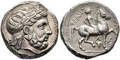 GRIECHISCHE MÜNZEN MACEDONIA. Kφnige von Makedonien. Philippos II. (359-336) Tetradrachme (14,39 g). Amphipolis, posthum, ca. 315/4-295/4 v. Chr. Av.: Kopf des Zeus mit Lorbeerkranz n.r. Rv.: Reiter m